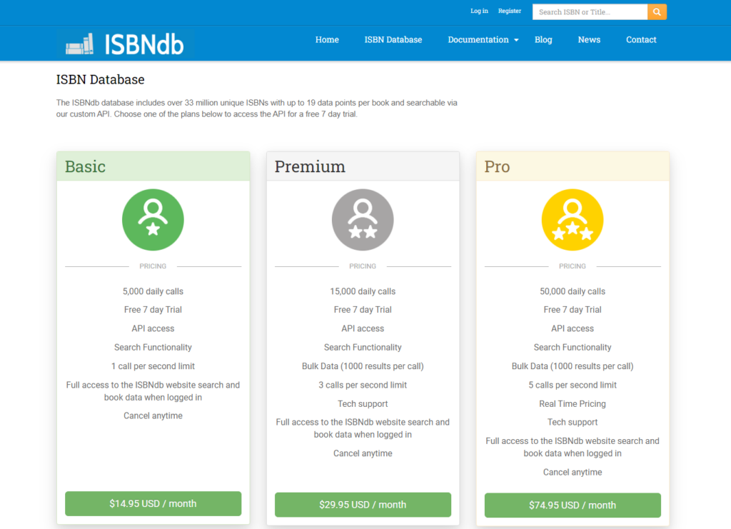 ISBN Database ISBNdb Pricing